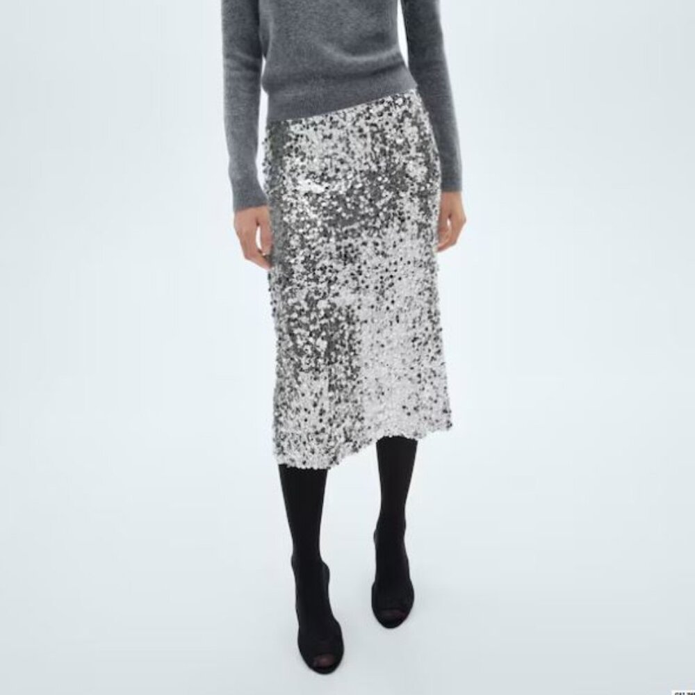 Mango Silver Sequin Midi Skirt Size XS